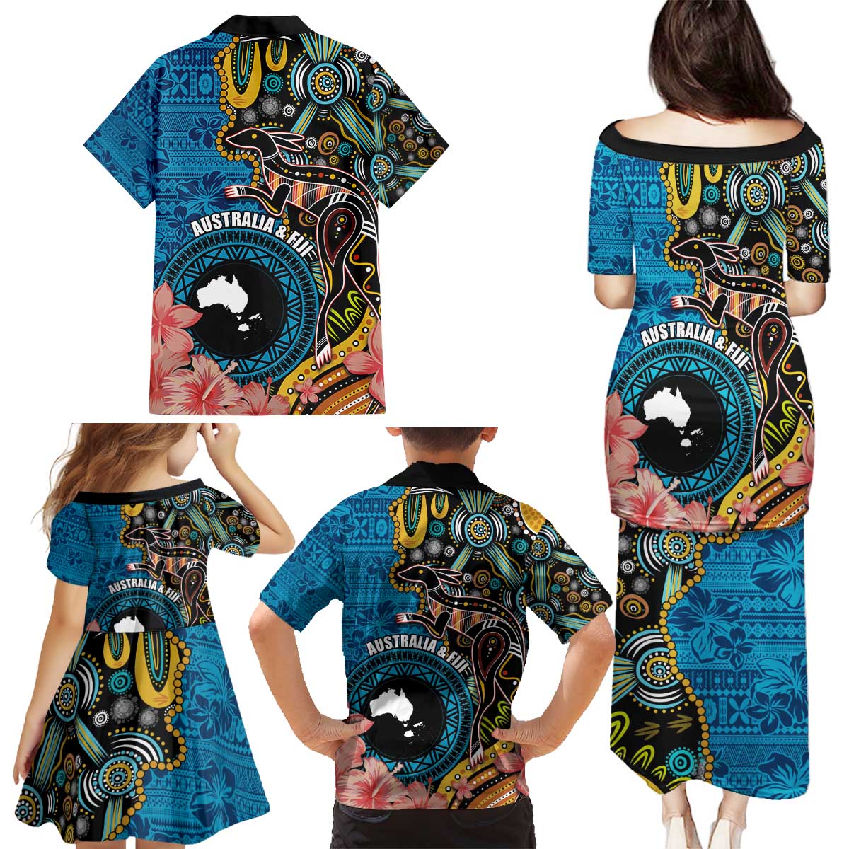 Fiji and Australia Kangaroos Family Matching Puletasi and Hawaiian Shirt Indigenous Aboriginal and Fijian Masi Tribal Tattoo LT03 - Polynesian Pride