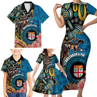 Fiji and Australia Kangaroos Family Matching Short Sleeve Bodycon Dress and Hawaiian Shirt Indigenous Aboriginal and Fijian Masi Tribal Tattoo LT03 - Polynesian Pride
