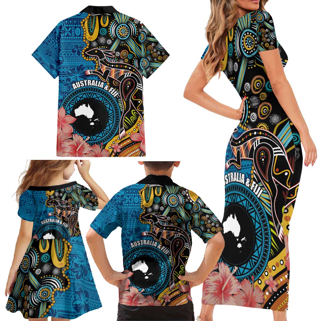 Fiji and Australia Kangaroos Family Matching Short Sleeve Bodycon Dress and Hawaiian Shirt Indigenous Aboriginal and Fijian Masi Tribal Tattoo LT03 - Polynesian Pride