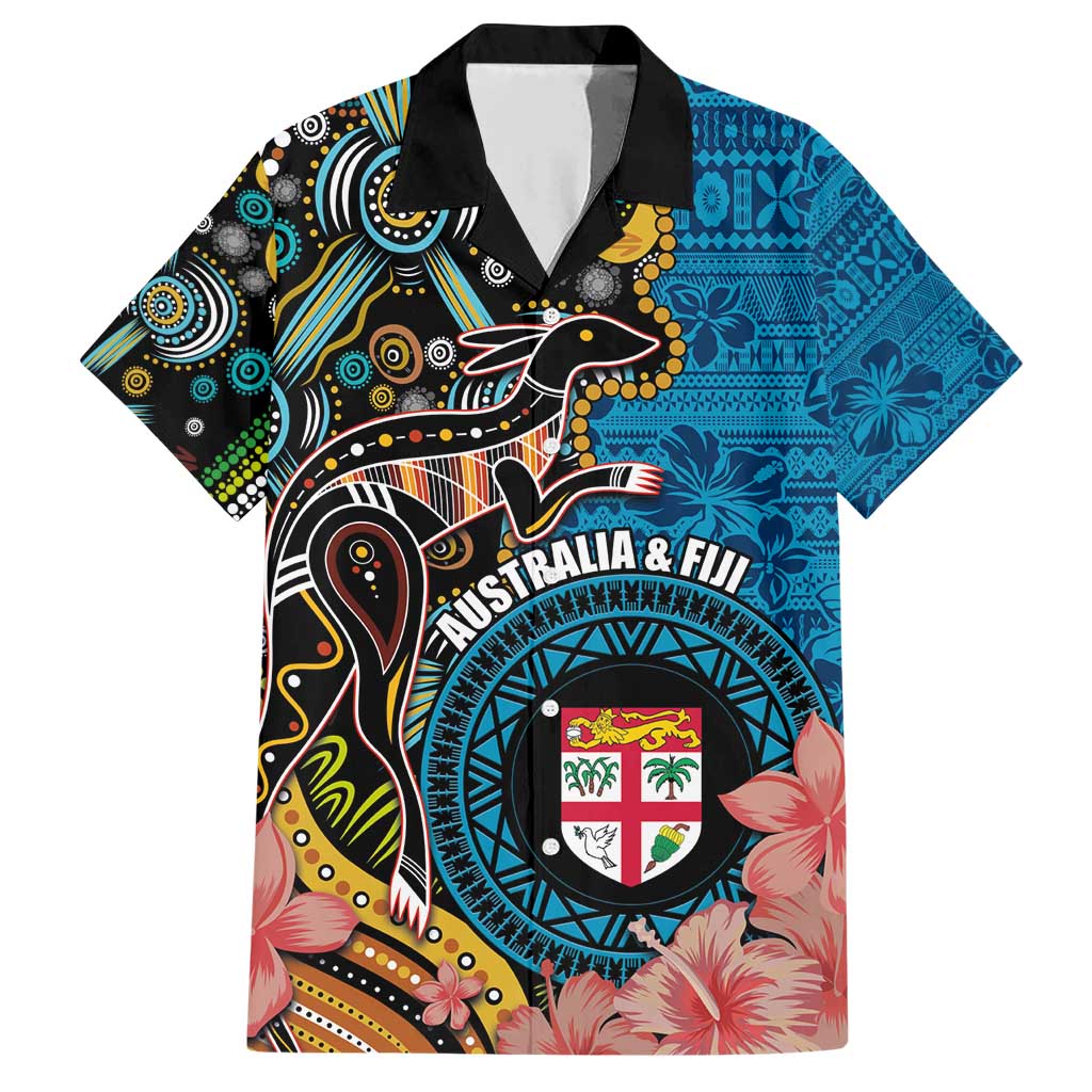 Fiji and Australia Kangaroos Family Matching Short Sleeve Bodycon Dress and Hawaiian Shirt Indigenous Aboriginal and Fijian Masi Tribal Tattoo LT03 Dad's Shirt - Short Sleeve Blue - Polynesian Pride