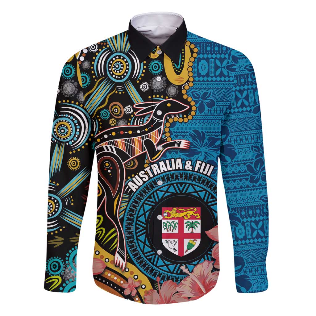Fiji and Australia Kangaroos Family Matching Short Sleeve Bodycon Dress and Hawaiian Shirt Indigenous Aboriginal and Fijian Masi Tribal Tattoo LT03 Dad's Shirt - Long Sleeve Blue - Polynesian Pride
