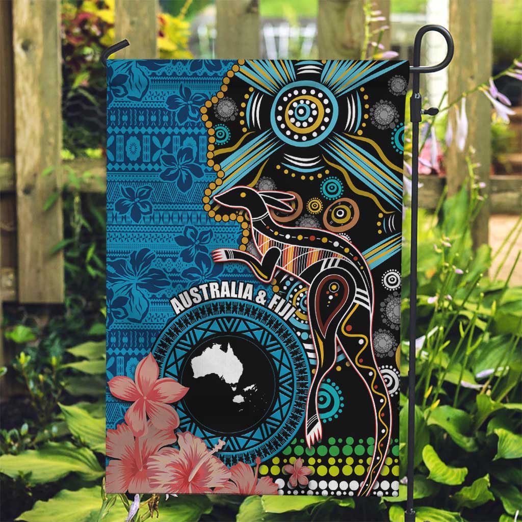 Fiji and Australia Kangaroos Garden Flag Indigenous Aboriginal and Fijian Masi Tribal Tattoo LT03 Garden Flag Blue - Polynesian Pride