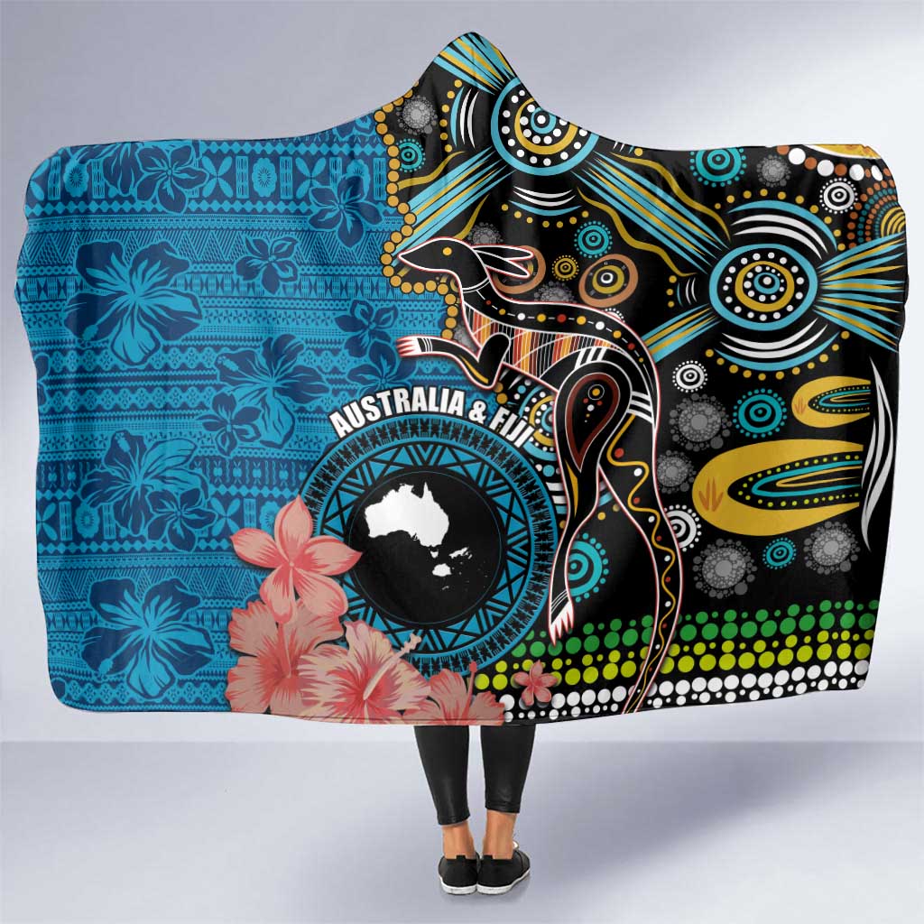 Fiji and Australia Kangaroos Hooded Blanket Indigenous Aboriginal and Fijian Masi Tribal Tattoo LT03 One Size Blue - Polynesian Pride