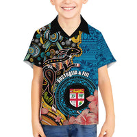 Fiji and Australia Kangaroos Kid Hawaiian Shirt Indigenous Aboriginal and Fijian Masi Tribal Tattoo LT03 Kid Blue - Polynesian Pride