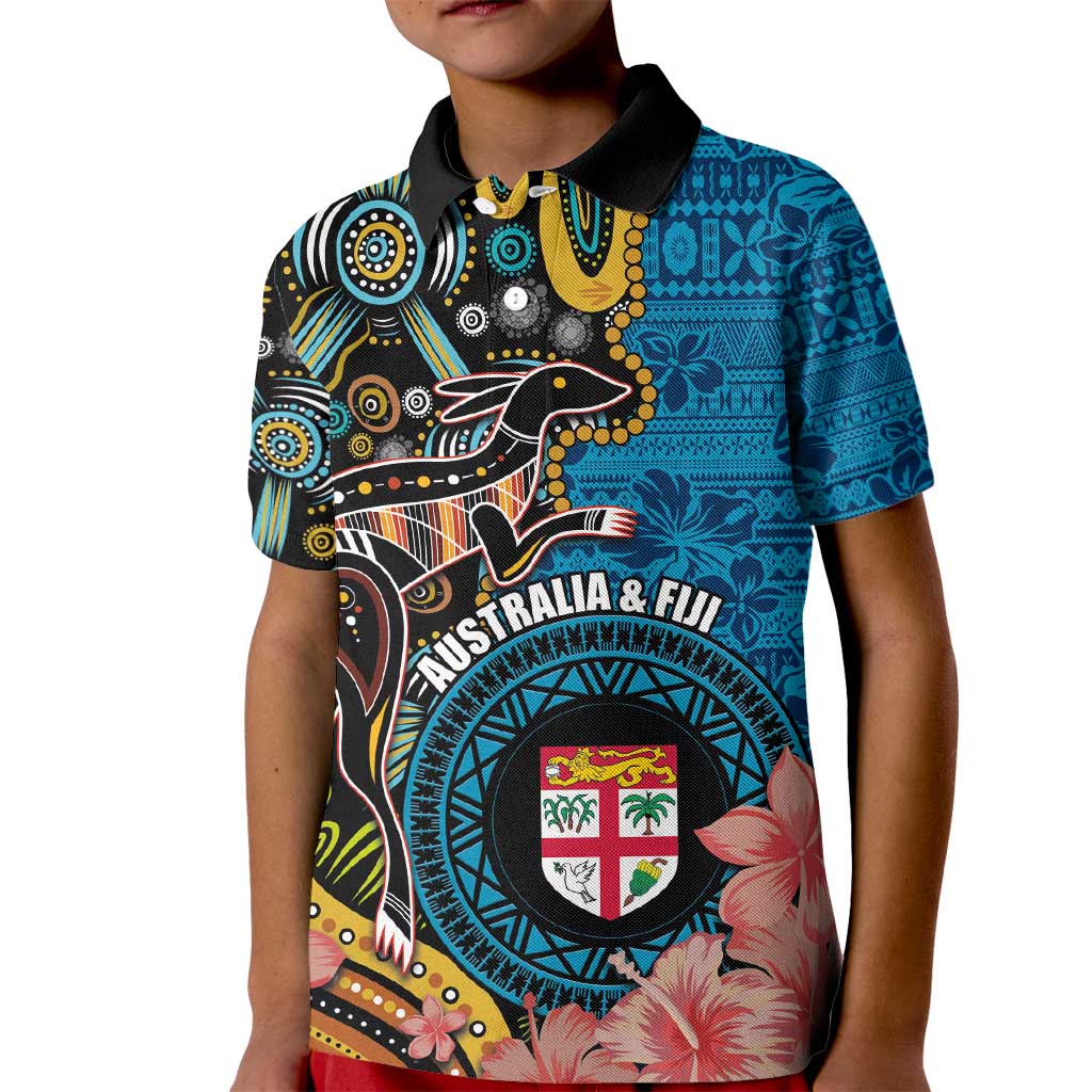 Fiji and Australia Kangaroos Kid Polo Shirt Indigenous Aboriginal and Fijian Masi Tribal Tattoo LT03 Kid Blue - Polynesian Pride