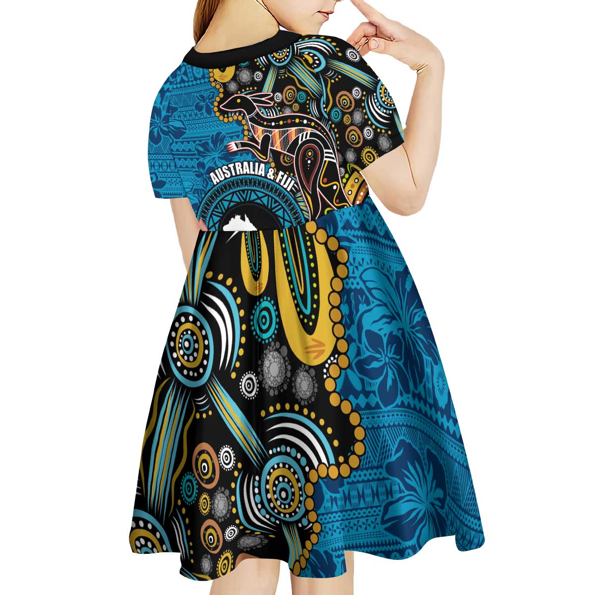 Fiji and Australia Kangaroos Kid Short Sleeve Dress Indigenous Aboriginal and Fijian Masi Tribal Tattoo LT03 - Polynesian Pride