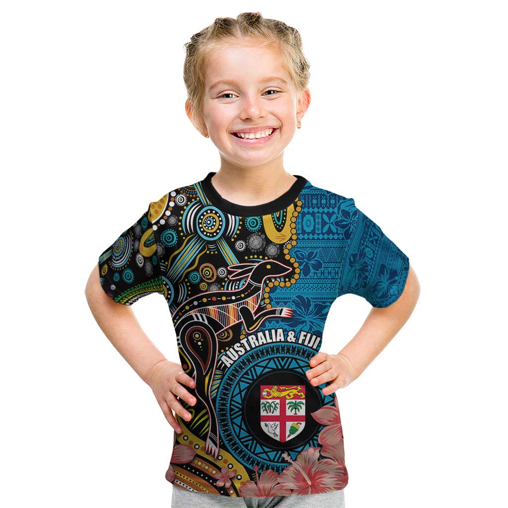 Fiji and Australia Kangaroos Kid T Shirt Indigenous Aboriginal and Fijian Masi Tribal Tattoo LT03 Blue - Polynesian Pride