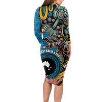 Fiji and Australia Kangaroos Long Sleeve Bodycon Dress Indigenous Aboriginal and Fijian Masi Tribal Tattoo LT03 - Polynesian Pride