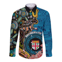 Fiji and Australia Kangaroos Long Sleeve Button Shirt Indigenous Aboriginal and Fijian Masi Tribal Tattoo LT03 Unisex Blue - Polynesian Pride