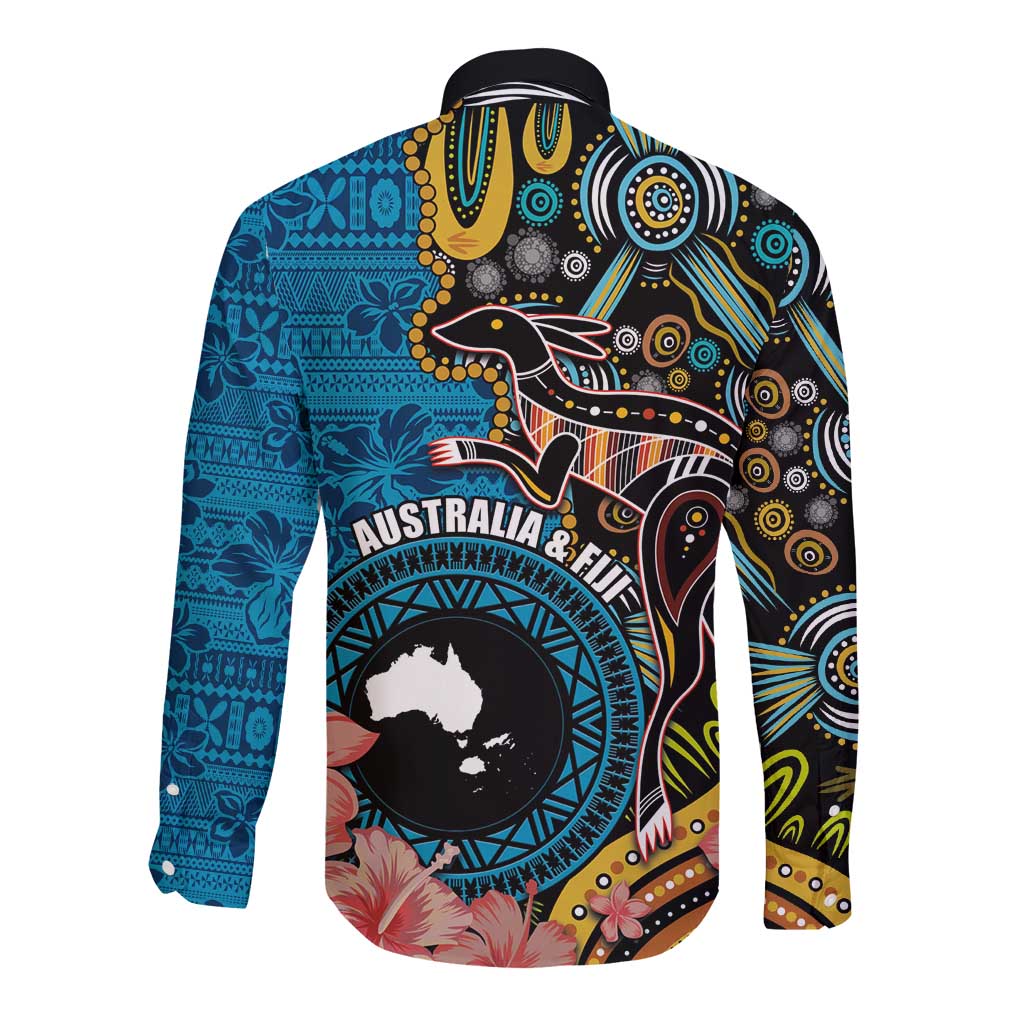 Fiji and Australia Kangaroos Long Sleeve Button Shirt Indigenous Aboriginal and Fijian Masi Tribal Tattoo LT03 - Polynesian Pride