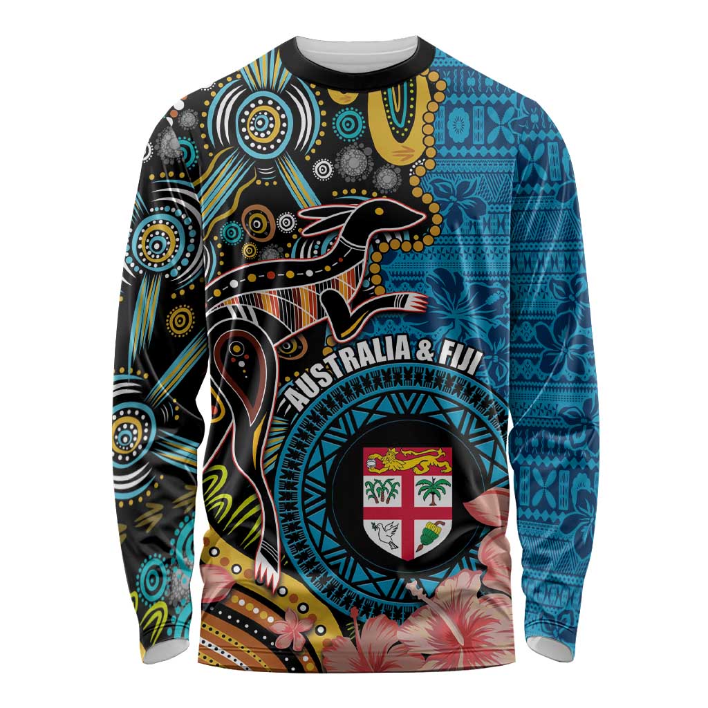 Fiji and Australia Kangaroos Long Sleeve Shirt Indigenous Aboriginal and Fijian Masi Tribal Tattoo LT03 Unisex Blue - Polynesian Pride