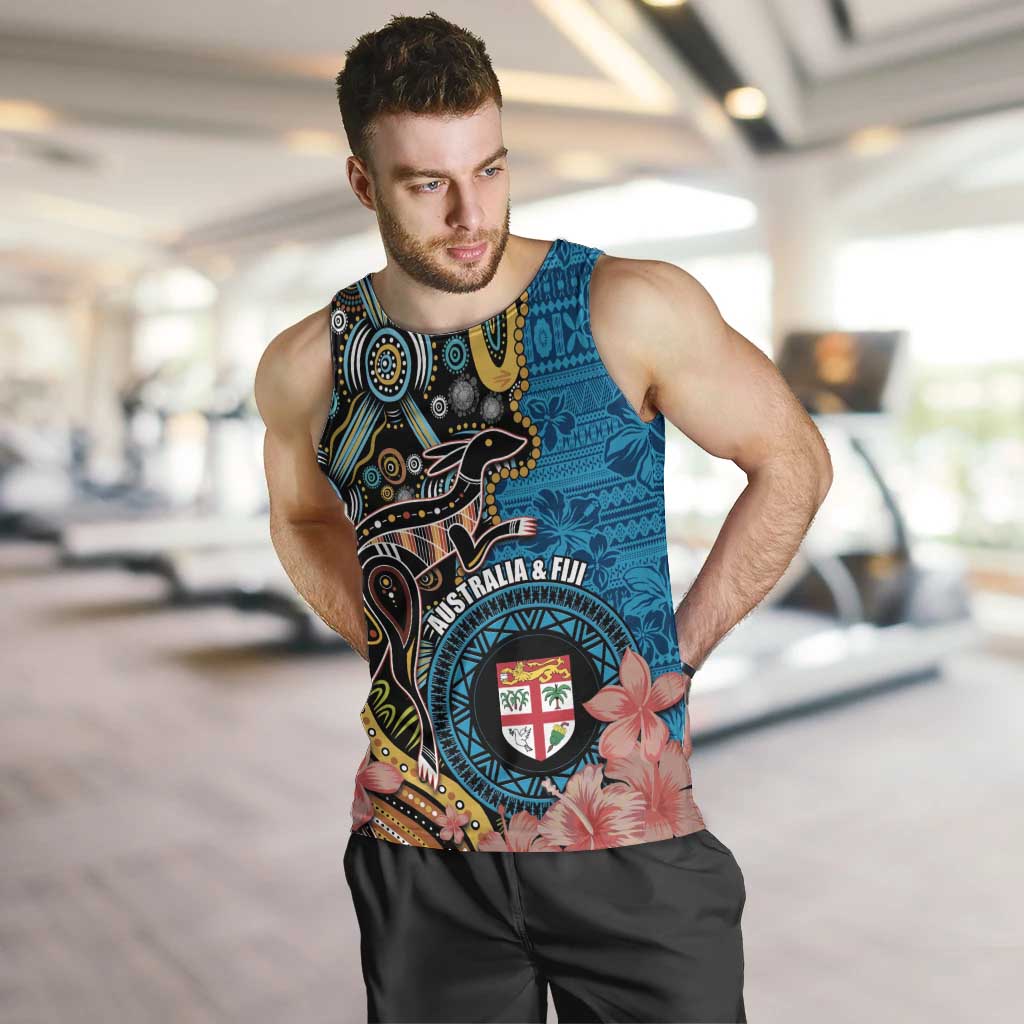 Fiji and Australia Kangaroos Men Tank Top Indigenous Aboriginal and Fijian Masi Tribal Tattoo LT03 Blue - Polynesian Pride