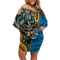 Fiji and Australia Kangaroos Off Shoulder Short Dress Indigenous Aboriginal and Fijian Masi Tribal Tattoo LT03 Women Blue - Polynesian Pride