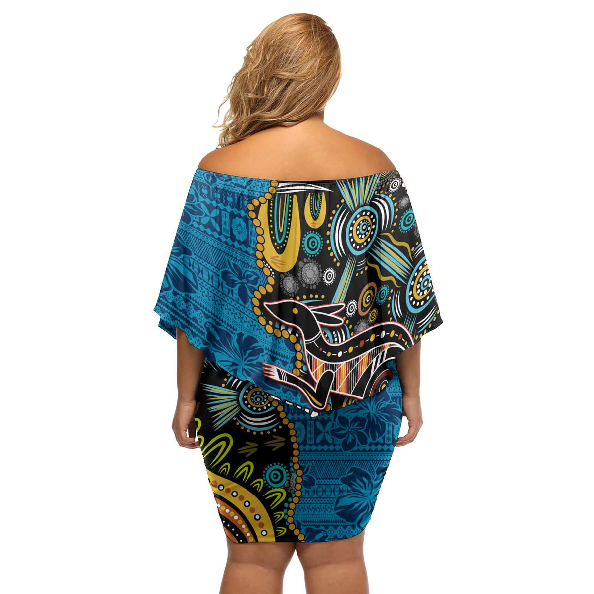 Fiji and Australia Kangaroos Off Shoulder Short Dress Indigenous Aboriginal and Fijian Masi Tribal Tattoo LT03 - Polynesian Pride