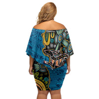 Fiji and Australia Kangaroos Off Shoulder Short Dress Indigenous Aboriginal and Fijian Masi Tribal Tattoo LT03 - Polynesian Pride
