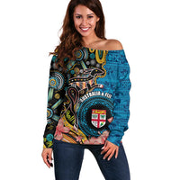 Fiji and Australia Kangaroos Off Shoulder Sweater Indigenous Aboriginal and Fijian Masi Tribal Tattoo LT03 Women Blue - Polynesian Pride