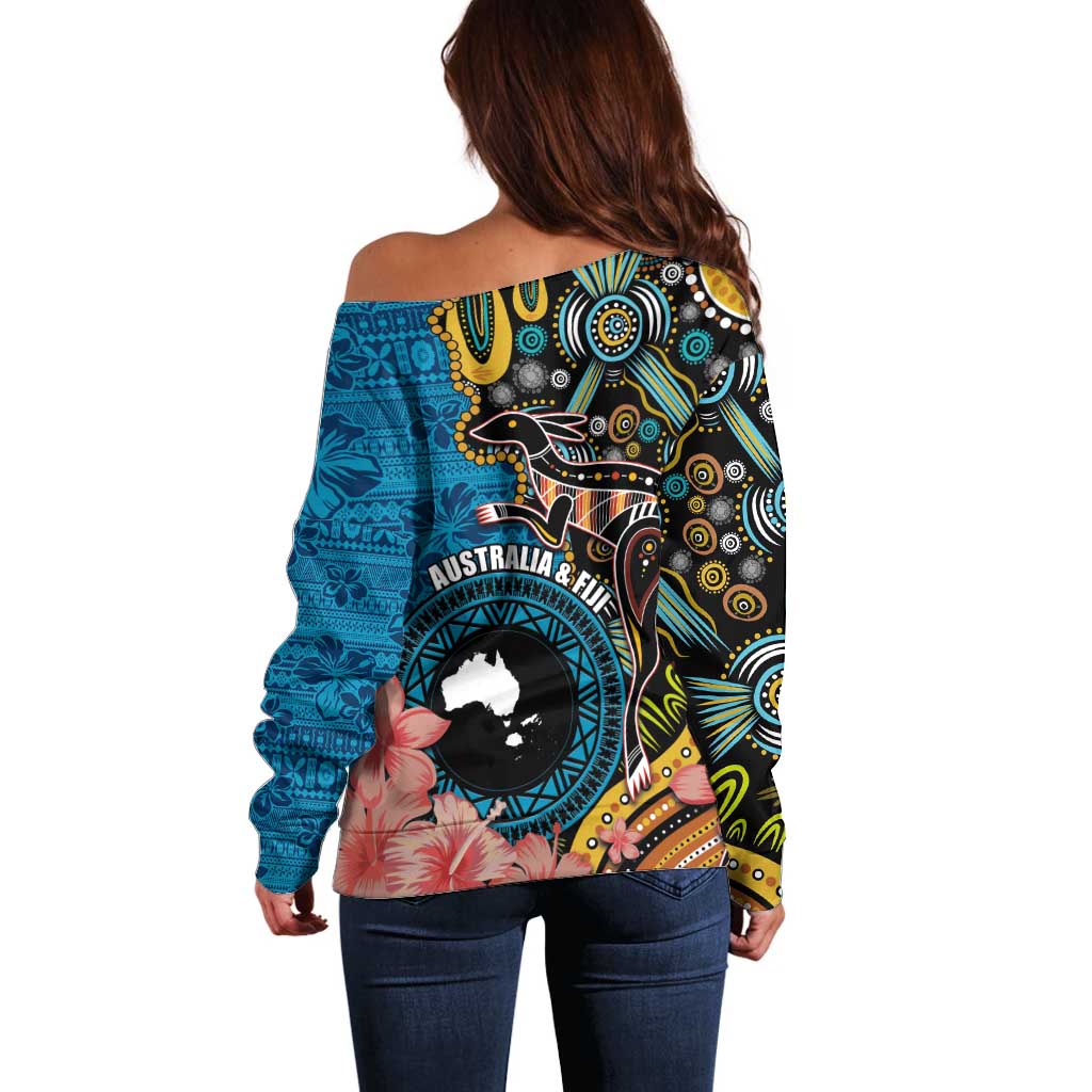 Fiji and Australia Kangaroos Off Shoulder Sweater Indigenous Aboriginal and Fijian Masi Tribal Tattoo LT03 - Polynesian Pride