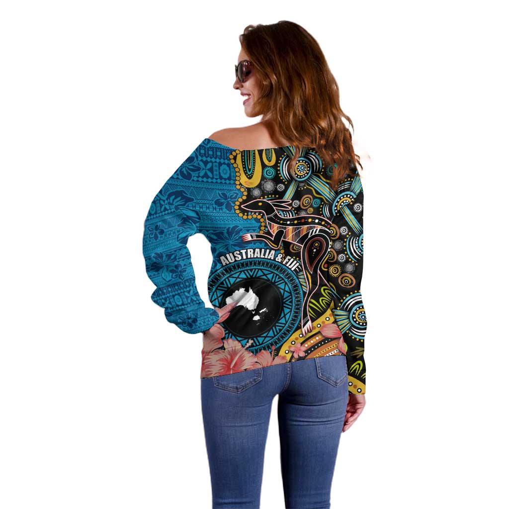 Fiji and Australia Kangaroos Off Shoulder Sweater Indigenous Aboriginal and Fijian Masi Tribal Tattoo LT03 - Polynesian Pride