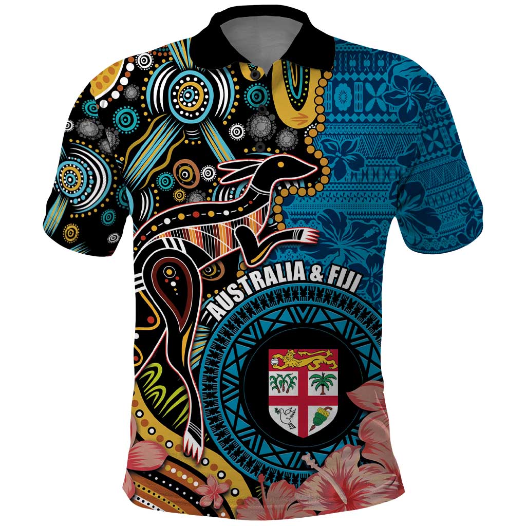 Fiji and Australia Kangaroos Polo Shirt Indigenous Aboriginal and Fijian Masi Tribal Tattoo LT03 Blue - Polynesian Pride