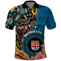 Fiji and Australia Kangaroos Polo Shirt Indigenous Aboriginal and Fijian Masi Tribal Tattoo LT03 Blue - Polynesian Pride