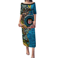 Fiji and Australia Kangaroos Puletasi Indigenous Aboriginal and Fijian Masi Tribal Tattoo LT03 Long Dress Blue - Polynesian Pride