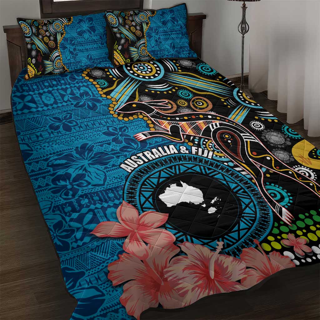 Fiji and Australia Kangaroos Quilt Bed Set Indigenous Aboriginal and Fijian Masi Tribal Tattoo LT03 Blue - Polynesian Pride