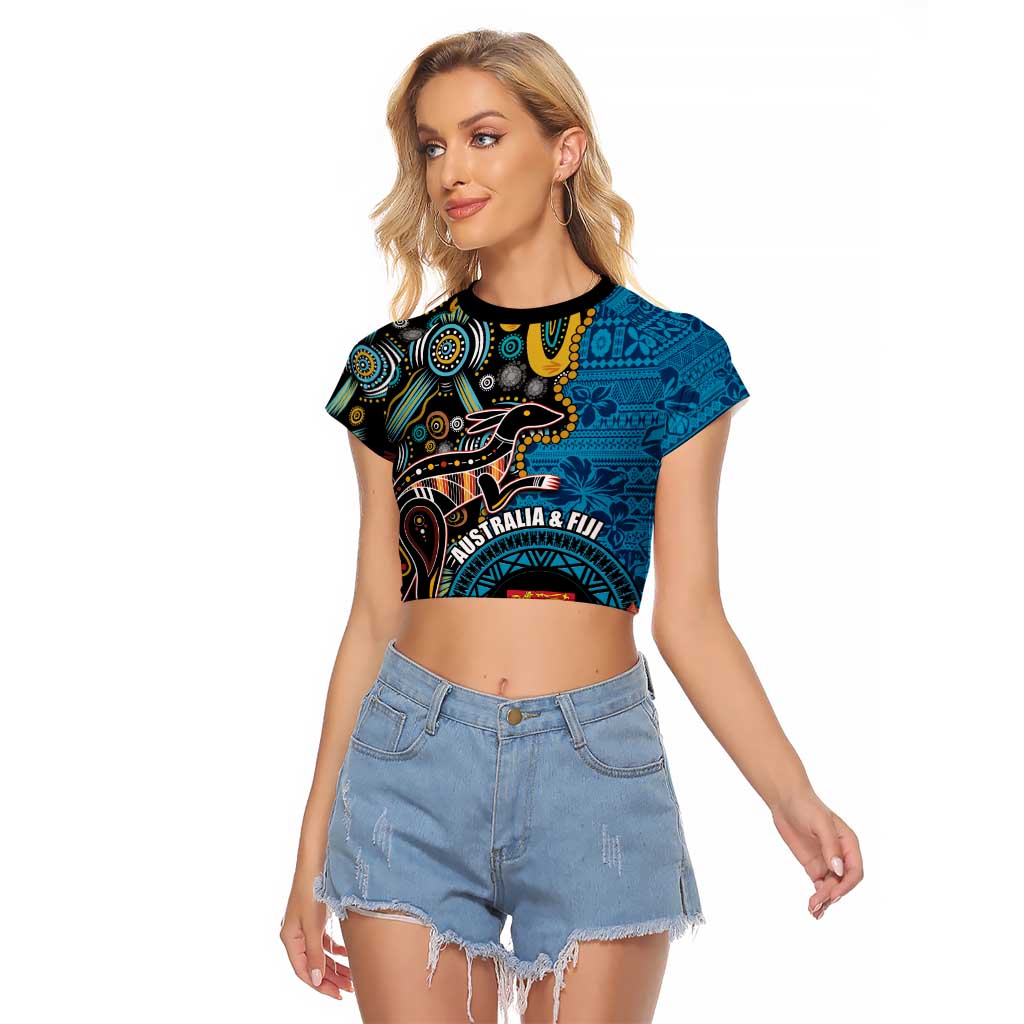 Fiji and Australia Kangaroos Raglan Cropped T Shirt Indigenous Aboriginal and Fijian Masi Tribal Tattoo LT03 Female Blue - Polynesian Pride