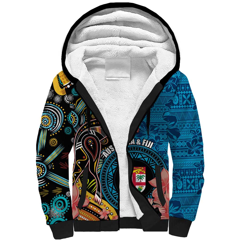 Fiji and Australia Kangaroos Sherpa Hoodie Indigenous Aboriginal and Fijian Masi Tribal Tattoo LT03 Unisex Blue - Polynesian Pride