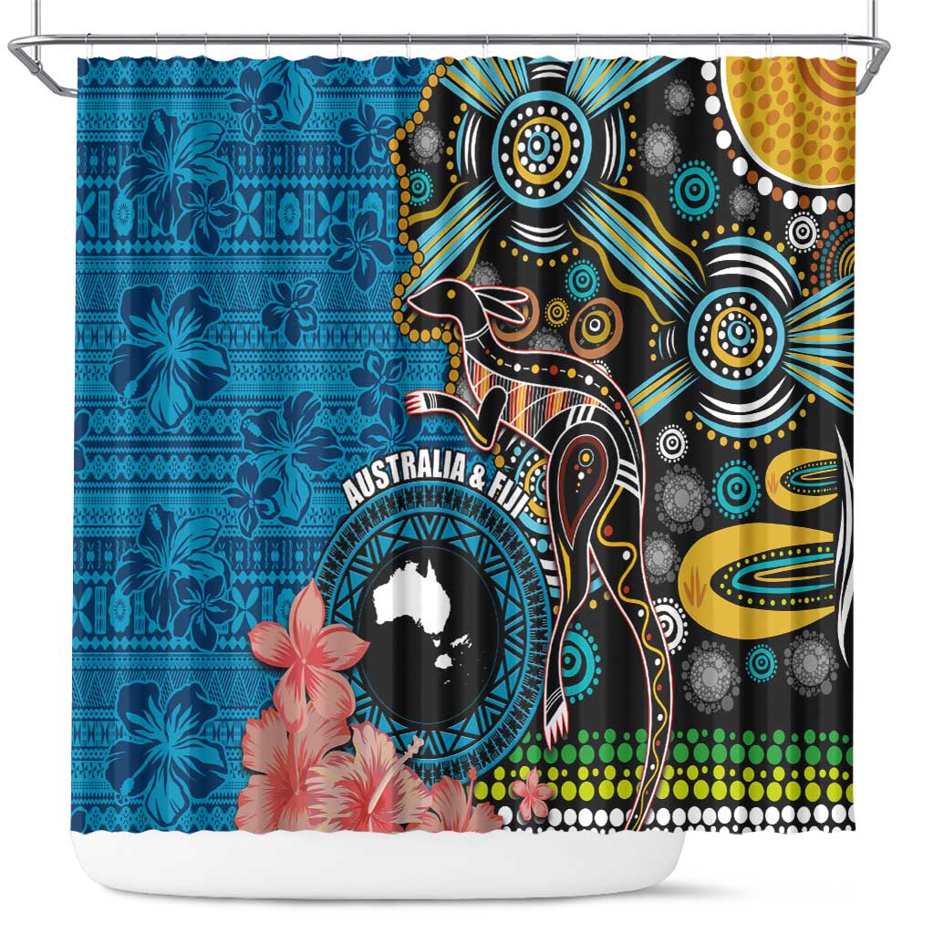 Fiji and Australia Kangaroos Shower Curtain Indigenous Aboriginal and Fijian Masi Tribal Tattoo LT03 Blue - Polynesian Pride