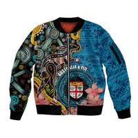 Fiji and Australia Kangaroos Sleeve Zip Bomber Jacket Indigenous Aboriginal and Fijian Masi Tribal Tattoo LT03 Unisex Blue - Polynesian Pride
