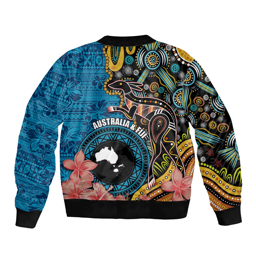 Fiji and Australia Kangaroos Sleeve Zip Bomber Jacket Indigenous Aboriginal and Fijian Masi Tribal Tattoo LT03 - Polynesian Pride