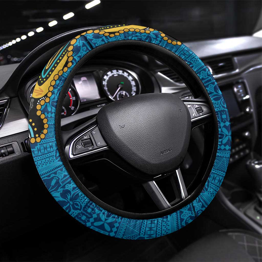 Fiji and Australia Kangaroos Steering Wheel Cover Indigenous Aboriginal and Fijian Masi Tribal Tattoo LT03 Universal Fit Blue - Polynesian Pride