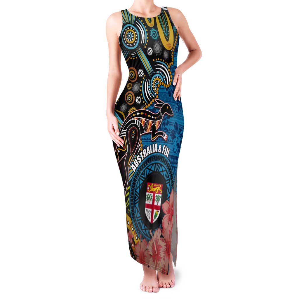 Fiji and Australia Kangaroos Tank Maxi Dress Indigenous Aboriginal and Fijian Masi Tribal Tattoo LT03 Women Blue - Polynesian Pride