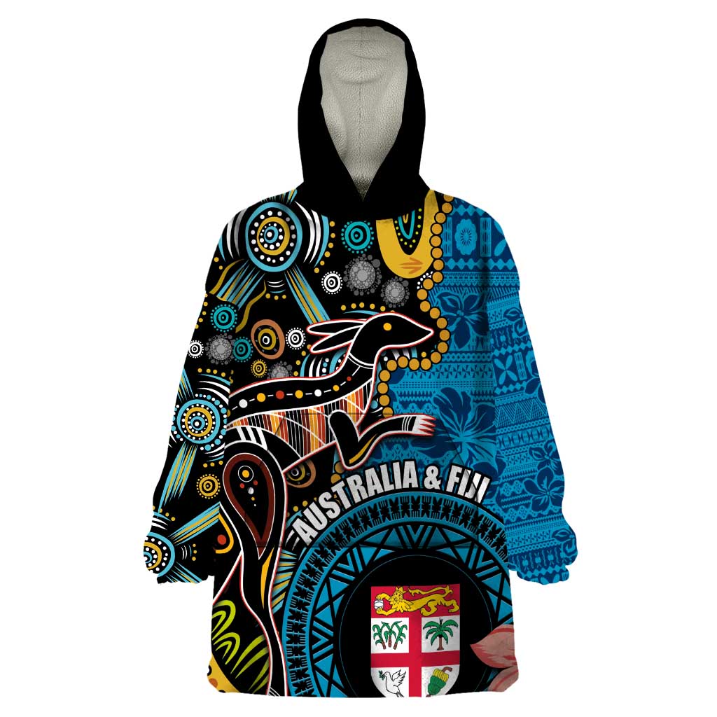 Fiji and Australia Kangaroos Wearable Blanket Hoodie Indigenous Aboriginal and Fijian Masi Tribal Tattoo LT03 One Size Blue - Polynesian Pride