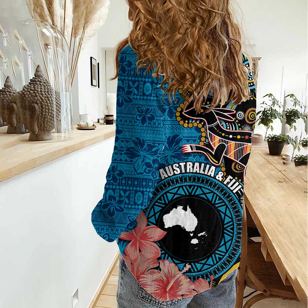 Fiji and Australia Kangaroos Women Casual Shirt Indigenous Aboriginal and Fijian Masi Tribal Tattoo LT03 - Polynesian Pride