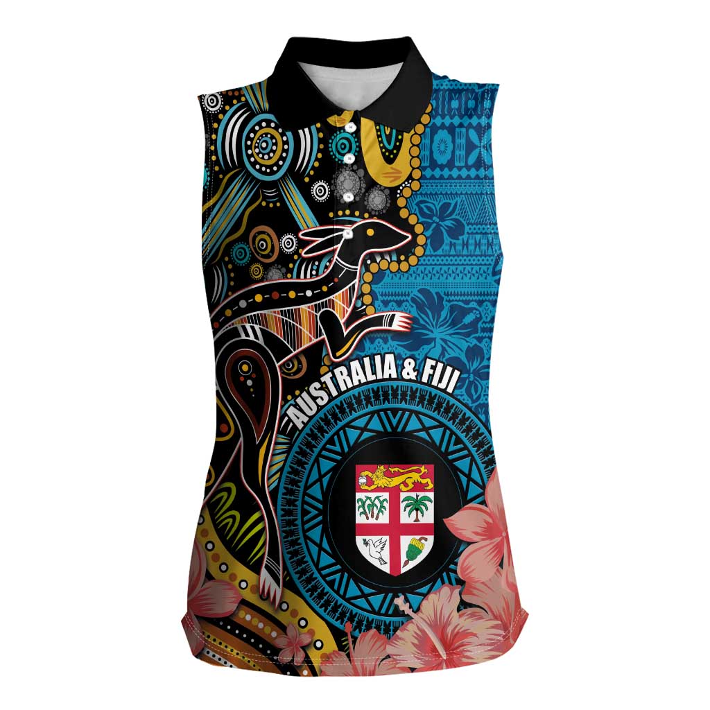 Fiji and Australia Kangaroos Women Sleeveless Polo Shirt Indigenous Aboriginal and Fijian Masi Tribal Tattoo LT03 Female Blue - Polynesian Pride