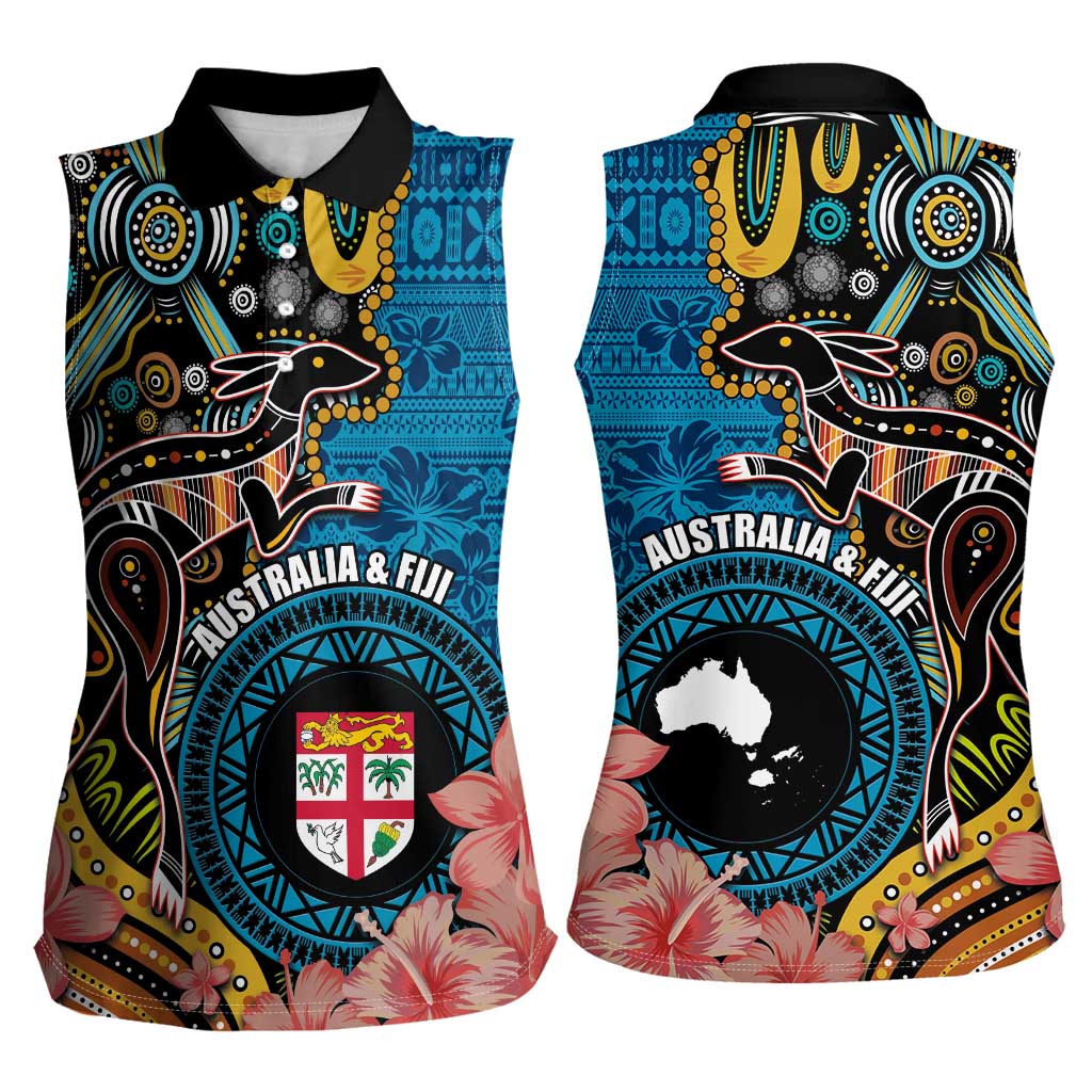 Fiji and Australia Kangaroos Women Sleeveless Polo Shirt Indigenous Aboriginal and Fijian Masi Tribal Tattoo LT03 - Polynesian Pride