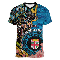 Fiji and Australia Kangaroos Women V-Neck T-Shirt Indigenous Aboriginal and Fijian Masi Tribal Tattoo LT03 Female Blue - Polynesian Pride