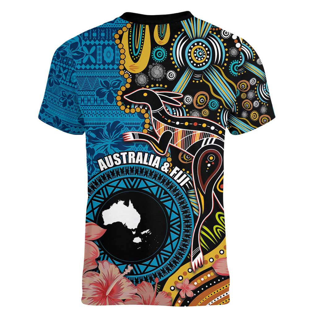 Fiji and Australia Kangaroos Women V-Neck T-Shirt Indigenous Aboriginal and Fijian Masi Tribal Tattoo LT03 - Polynesian Pride
