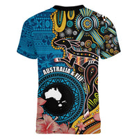 Fiji and Australia Kangaroos Women V-Neck T-Shirt Indigenous Aboriginal and Fijian Masi Tribal Tattoo LT03 - Polynesian Pride