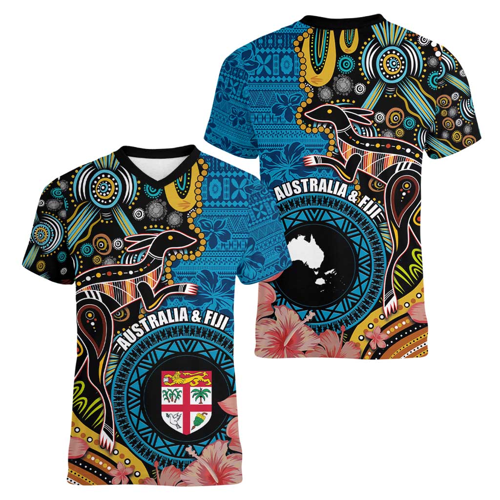 Fiji and Australia Kangaroos Women V-Neck T-Shirt Indigenous Aboriginal and Fijian Masi Tribal Tattoo LT03 - Polynesian Pride