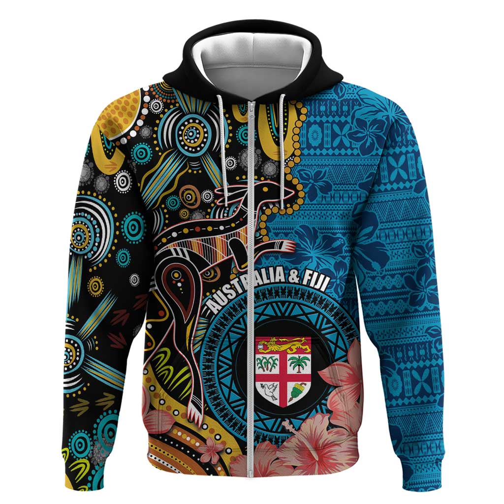 Fiji and Australia Kangaroos Zip Hoodie Indigenous Aboriginal and Fijian Masi Tribal Tattoo LT03 Zip Hoodie Blue - Polynesian Pride