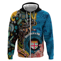 Fiji and Australia Kangaroos Zip Hoodie Indigenous Aboriginal and Fijian Masi Tribal Tattoo LT03 Zip Hoodie Blue - Polynesian Pride