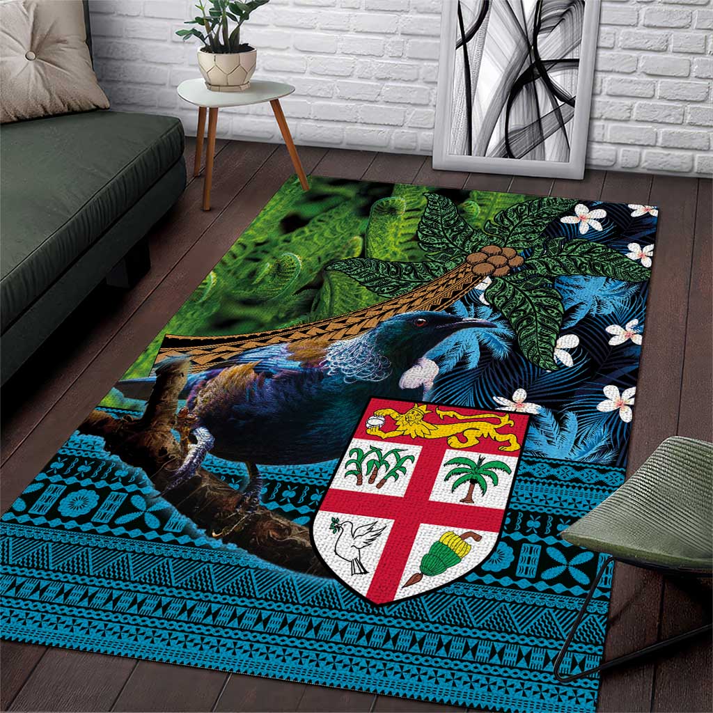 Fiji and New Zealand Tui Bird Area Rug Koru Fern Leafs and Palm Tree With Plumeria LT03 Blue - Polynesian Pride