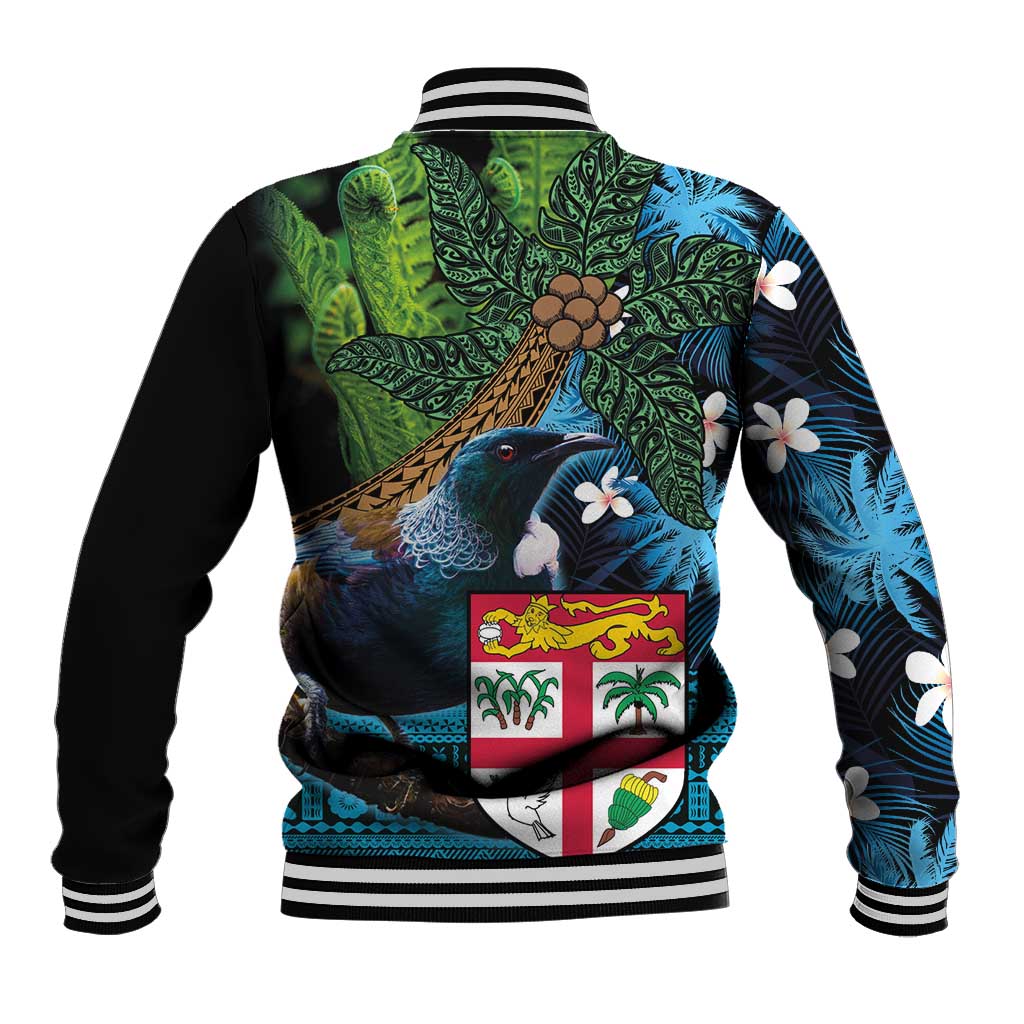 Fiji and New Zealand Tui Bird Baseball Jacket Koru Fern Leafs and Palm Tree With Plumeria LT03 - Polynesian Pride