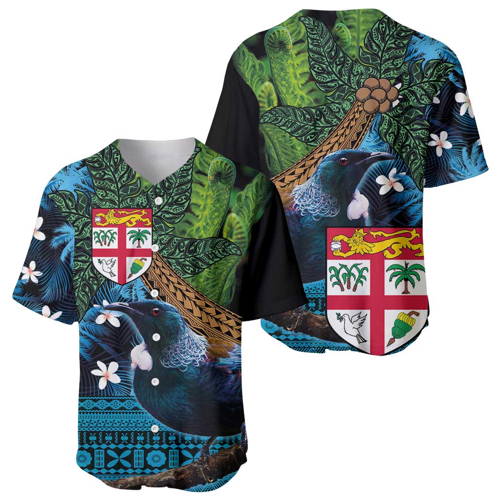 Fiji and New Zealand Tui Bird Baseball Jersey Koru Fern Leafs and Palm Tree With Plumeria LT03 - Polynesian Pride