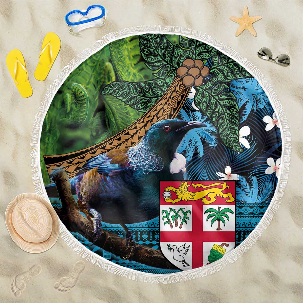 Fiji and New Zealand Tui Bird Beach Blanket Koru Fern Leafs and Palm Tree With Plumeria LT03 One Size 150cm Blue - Polynesian Pride
