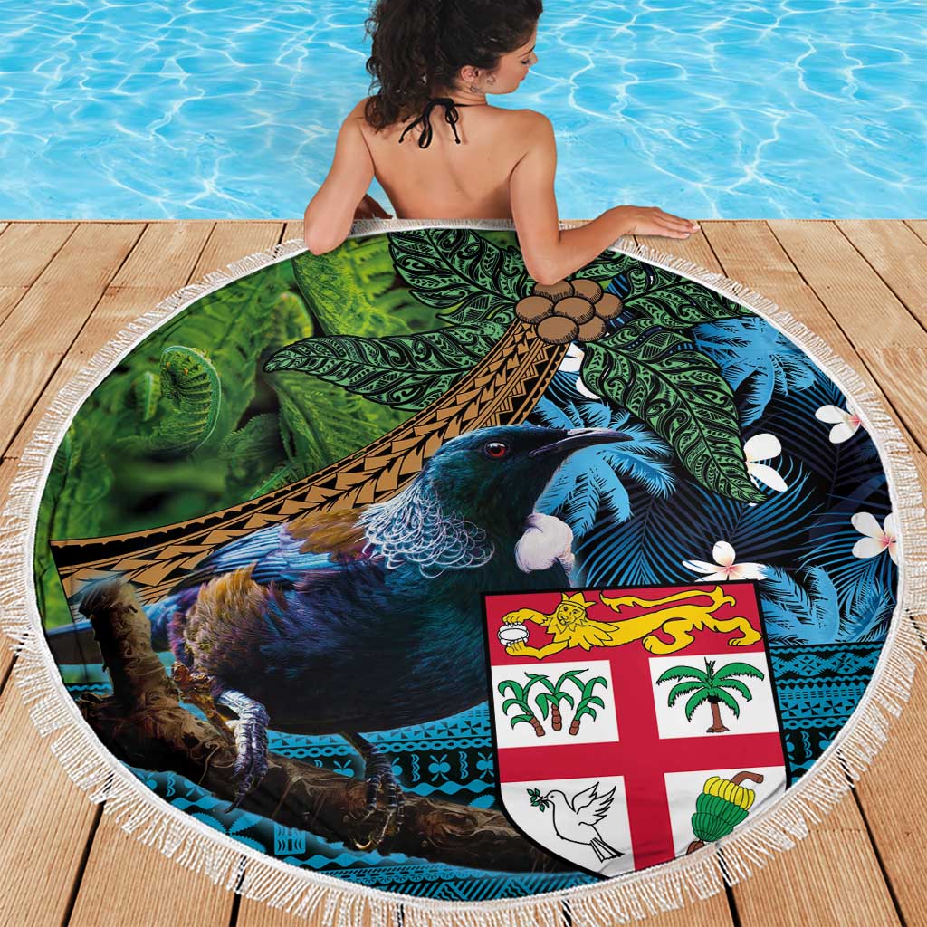 Fiji and New Zealand Tui Bird Beach Blanket Koru Fern Leafs and Palm Tree With Plumeria LT03 - Polynesian Pride