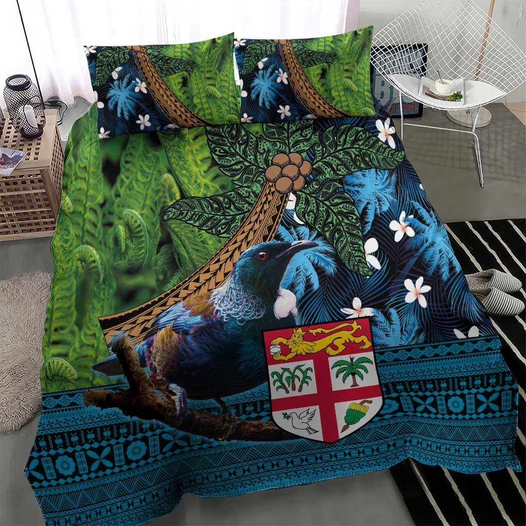 Fiji and New Zealand Tui Bird Bedding Set Koru Fern Leafs and Palm Tree With Plumeria LT03 - Polynesian Pride
