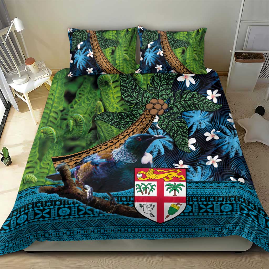 Fiji and New Zealand Tui Bird Bedding Set Koru Fern Leafs and Palm Tree With Plumeria LT03 - Polynesian Pride